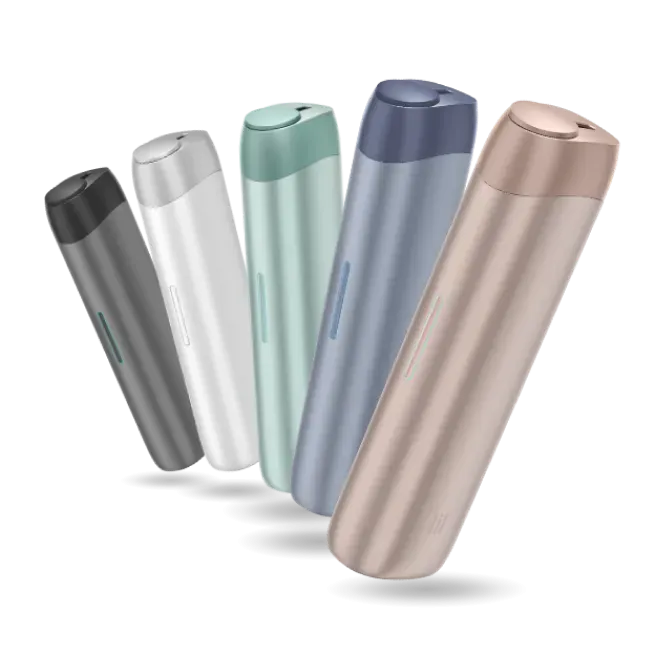 Piecas lil SOLID EZ ierīces dažādās krāsās uz melna fona.