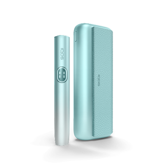 IQOS ILUMA PRIME ierīce uz tirkīza fona.